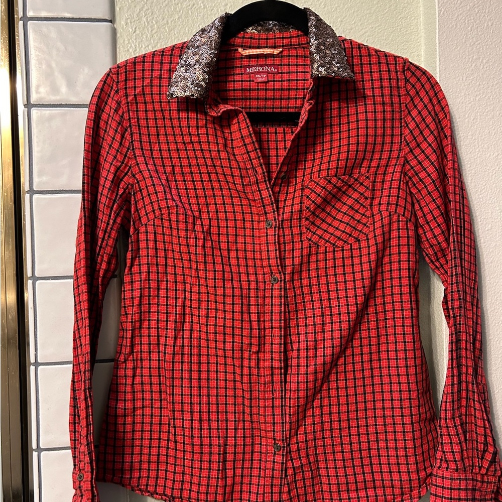 Merona Red and Black Plaid Shirt with Sequin Collar